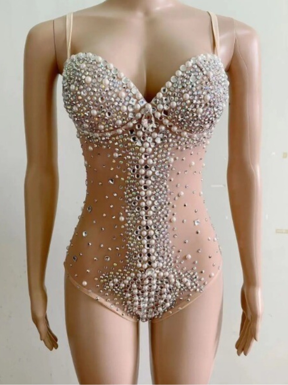Rhinestone Crystal Embellished Nude Stretch Bodysuit One Piece Costume - Picture 6 of 11